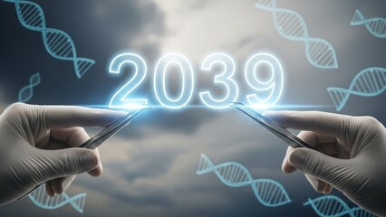 Gloved hands precisely manipulating the glowing number 2039 with scientific tweezers amidst abstract dna helix structures.