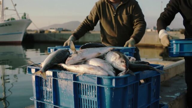 Fisherman sorting fresh seafood catch in blue crate at harbor dock with fishing boat.