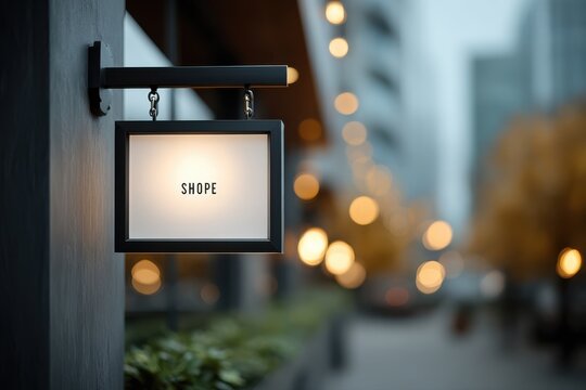 Illuminated shop sign displaying the word SHOPE on a building exterior SHOPE
