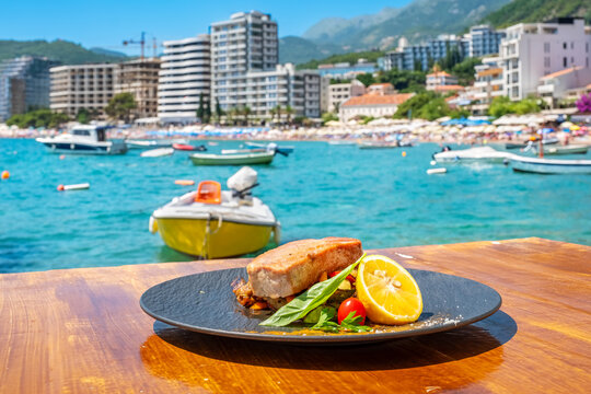 Plate with tuna steak. Rafailovici, Montenegro