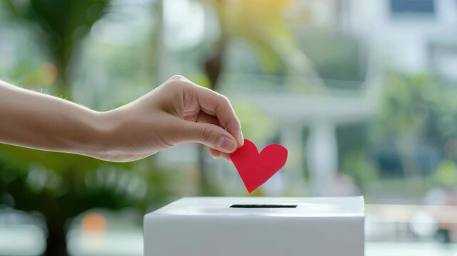 A close-up of a hand placing a heart on a voting machine, symbolizing the emotional aspect of choosing.