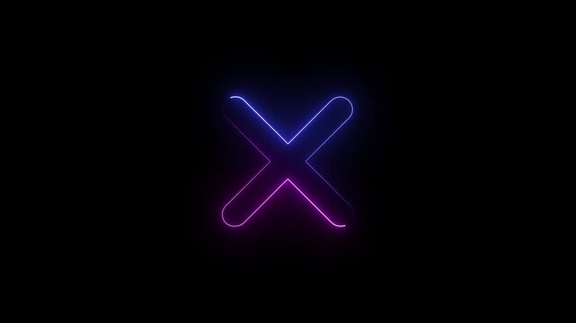 neon wrong icon  animation on black background,Glowing neon cross mark icon with vibrant light effects, symbolizing error, cancel, wrong, or close actions, Wrong symbol neon cross line