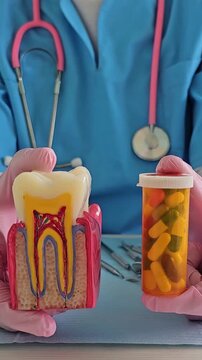 Discussion on dental health using model and medication display to explain treatment options