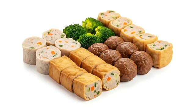 Assortment of cooked Asian food items including fish cakes, meatballs, tofu rolls, and broccoli on a white background.