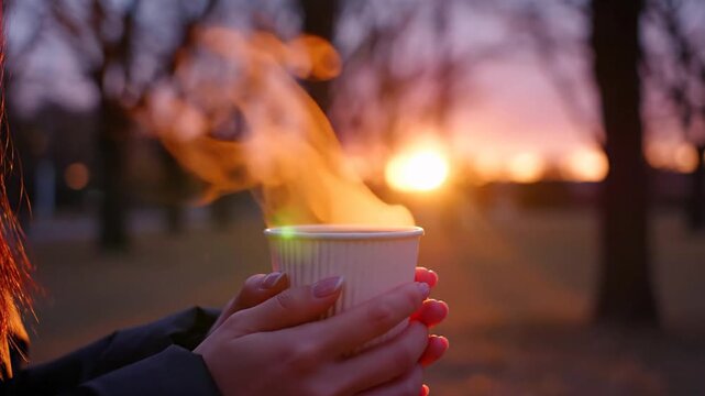 Hands hold a steaming cup at sunset in a quiet park, warm glow, blurred trees. Soft dusk glow around
