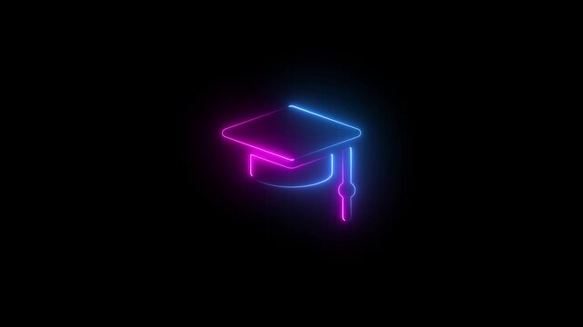 Graduation Success Concept in Neon Style,Neon Learning Icon for Education Projects,Graduation Cap Neon Line Animation.