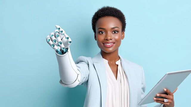 Confident businesswoman with cybernetic hand holding tablet on light blue background