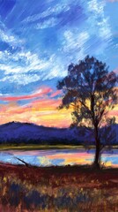 Fototapeta premium Impressionistic Landscape of a Tree by a Lake at Sunset painting