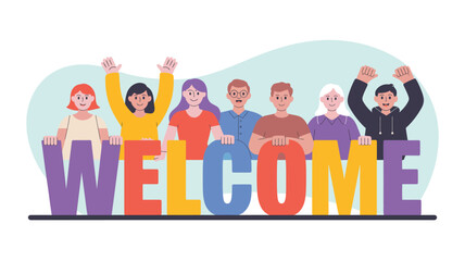 diverse people holding welcome text illustration, friendly greeting concept with group of characters, modern flat design for community and onboarding