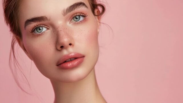 A close-up of a woman with dainty features and soft makeup, including subtle pink blush and glossy lip color.