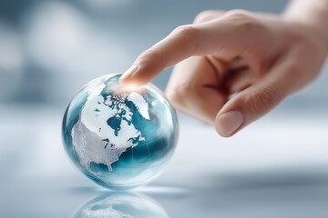 Human finger touching glass globe symbolizing global strategy decision making geopolitical focus international relations and conscious navigation in a connected world, Generative AI