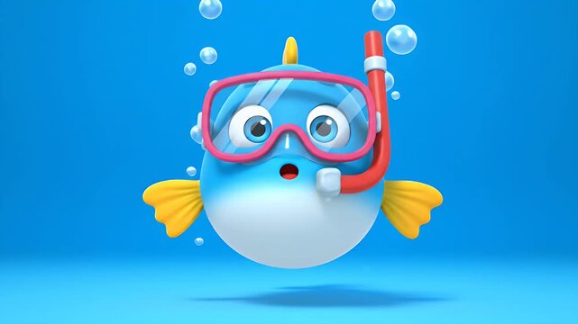 Cute Cartoon Pufferfish Snorkeling Underwater 3D Animation