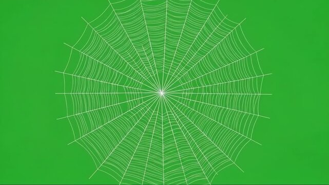 A detailed white spider web is centered against a vibrant green background, showcasing intricate patterns and symmetry.