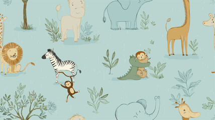 Fototapeta premium Safari animals pattern with giraffes, elephants, and lions on a light blue background. Cute cartoon jungle animals seamless pattern