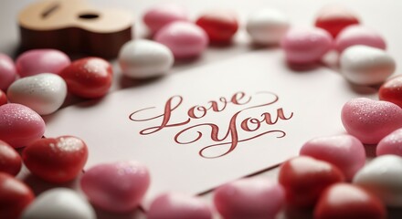 Love You message with candies and heart shape