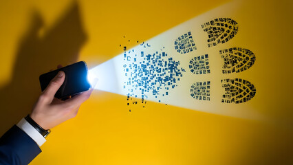 Businessman Revealing Digital Footprints with Smartphone Flashlight