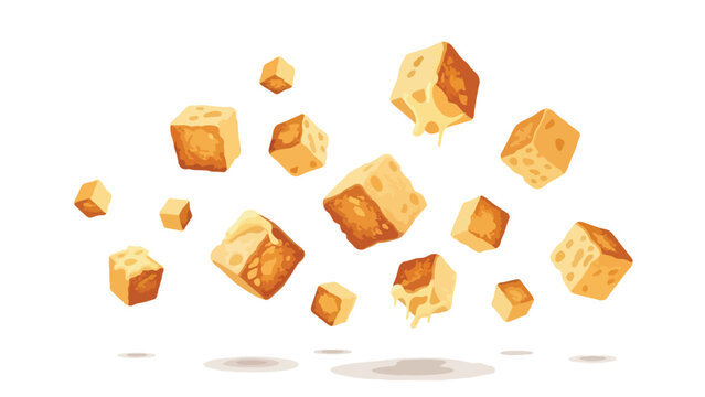 Dynamic collection of golden crisp bread cubes or melted cheese chunks floating in mid-air on a bright white background, illustrating culinary