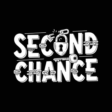 Second Chance typography with broken chain and padlock illustration.