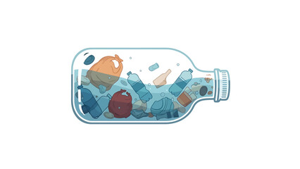 Illustration of a glass bottle filled with water and various plastic waste items, symbolizing ocean pollution and environmental damage.