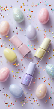 Pastel nail polish bottles arranged in an egg shape with holographic confetti in a kitsch Easter beauty flat lay on a solid white background.