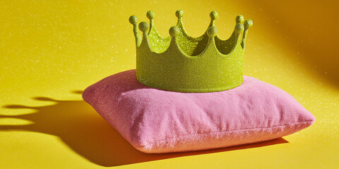 Neon green crown resting on glittery pink cushion representing self worth and achievement on solid lemon yellow background.