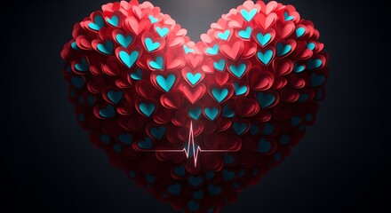Heart shape with heartbeat and red blue hearts