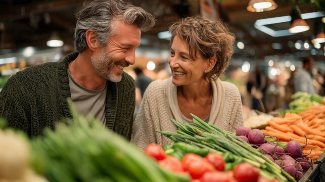 Senior couple smiling while choosing fresh produce at an indoor grocery market - Powered by Adobe