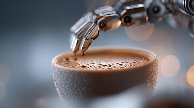 Futuristic robotic hand adding espresso drop to coffee cup on smoky background