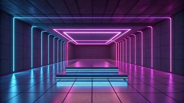 Futuristic Neon Stage Interior with Pink and Blue LED Light Design