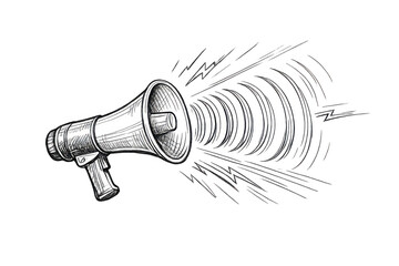 Fototapeta premium Megaphone transmitting loud sound waves. Drawing representing announcement, marketing, and communication concepts with transparent background