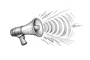 Megaphone transmitting loud sound waves. Drawing representing announcement, marketing, and communication concepts with transparent background