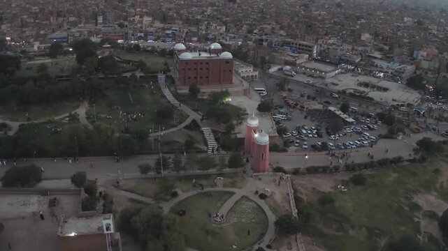 Aerial view of a park and historic building in multan city