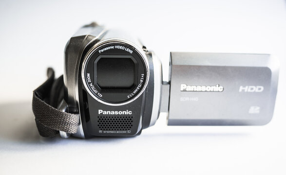 A retro Panasonic camcoder with LCD flip screen.