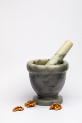 Chemical mortar and nuts on a white background