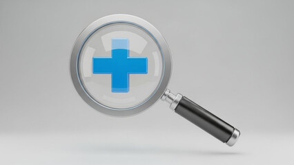 Obraz premium Magnifying glass with blue medical cross in studio lighting on gray background for healthcare advertising