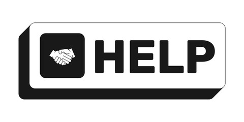 Help rectangle UI web button. Assistance request. Customer support. User guidance. Website faq service. Black and white clickable bold element. CTA for social media, streaming. Rubik font used
