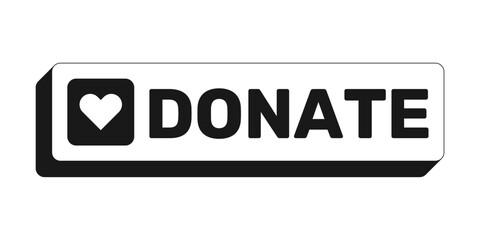 Donate rectangle UI web button. Charity support. Financial contribution. Give donation. Fundraising prompt. Black and white clickable bold element. CTA for social media, streaming. Rubik font used