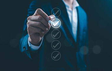 Business approval and checklist concept with manager selecting check mark, representing verification, compliance, quality control, successful evaluation, and decision making process.