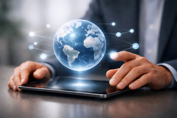 Hands interacting with glowing holographic Earth and network nodes