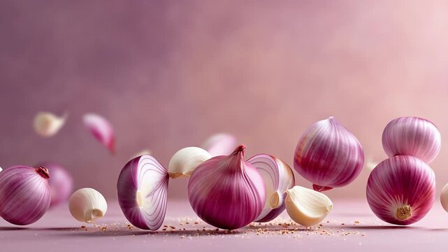 Fresh red onions and garlic cloves floating against a soft pink background