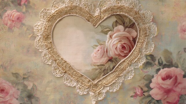 Vintage Floral Heart Frame with Soft Pink Roses and Delicate Lace on a Romantic Background