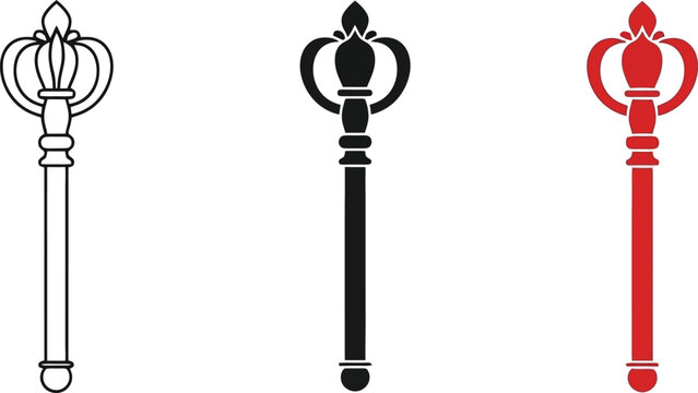 Set of royal scepters symbol of power and authority in outline silhouette and red vector illustration for historical or fantasy concepts