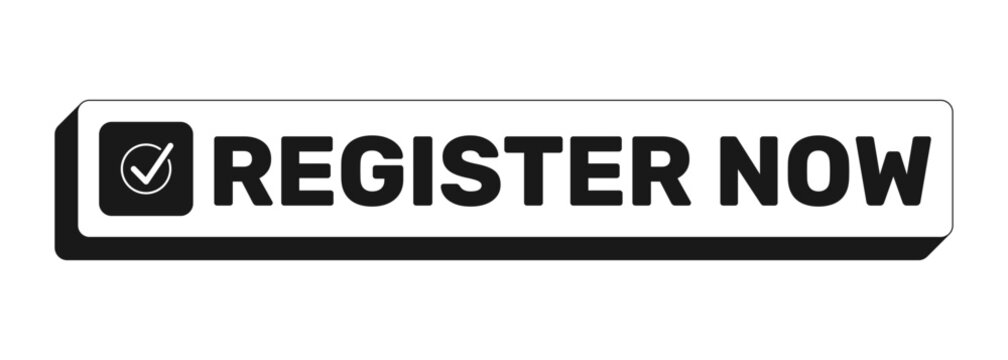 Register now rectangle UI web button. User registration open. Enrollment sign up. Quick event signup. Black and white clickable bold element. CTA for social media, streaming. Rubik font used