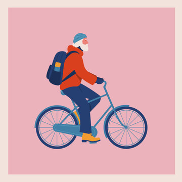 Senior man riding a bicycle, flat vector illustration about active aging, healthy lifestyle and everyday mobility. Modern minimalist design with pastel colors.