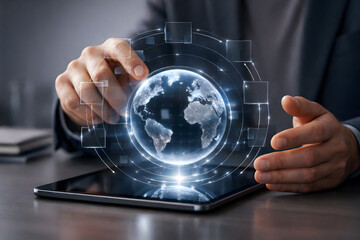 Person interacting with global network hologram on tablet