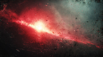 Abstract cosmic galaxy with glowing core, red nebula, stardust, and dramatic light contrast in deep space background.
