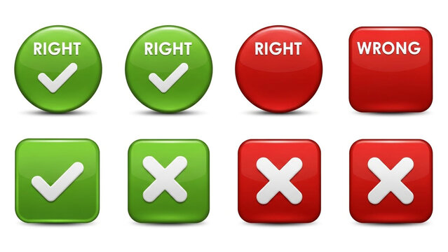 Green and red buttons with checkmarks and crosses in 3D rendering for user interface design