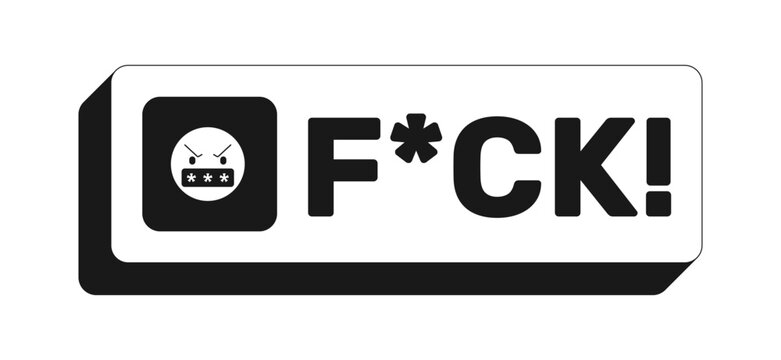 FCK rectangle UI web button. Censored swear. Expletive communication. Frustration rage. Online outburst. Black and white clickable bold element. CTA for social media, streaming. Rubik font used