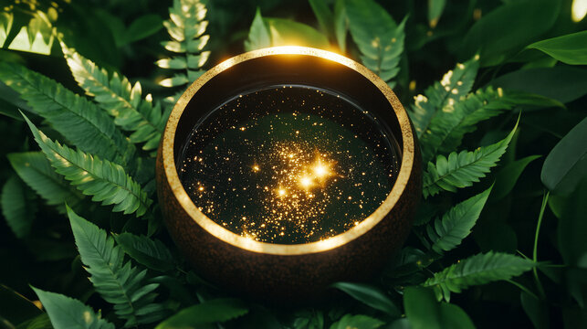 Ayahuasca brew in ceremonial bowl with natural plants, earthy palette of cocoa brown, forest green, and golden light, spiritual artwork, AI generated