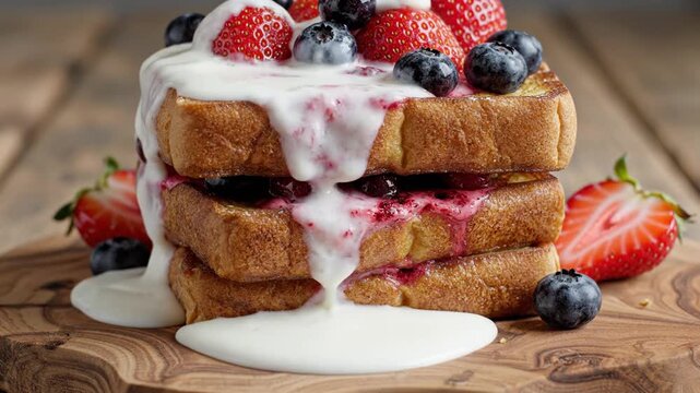 Stacked French toast drenched in creamy sauce with berries on a rustic wooden board. with warm glow!!